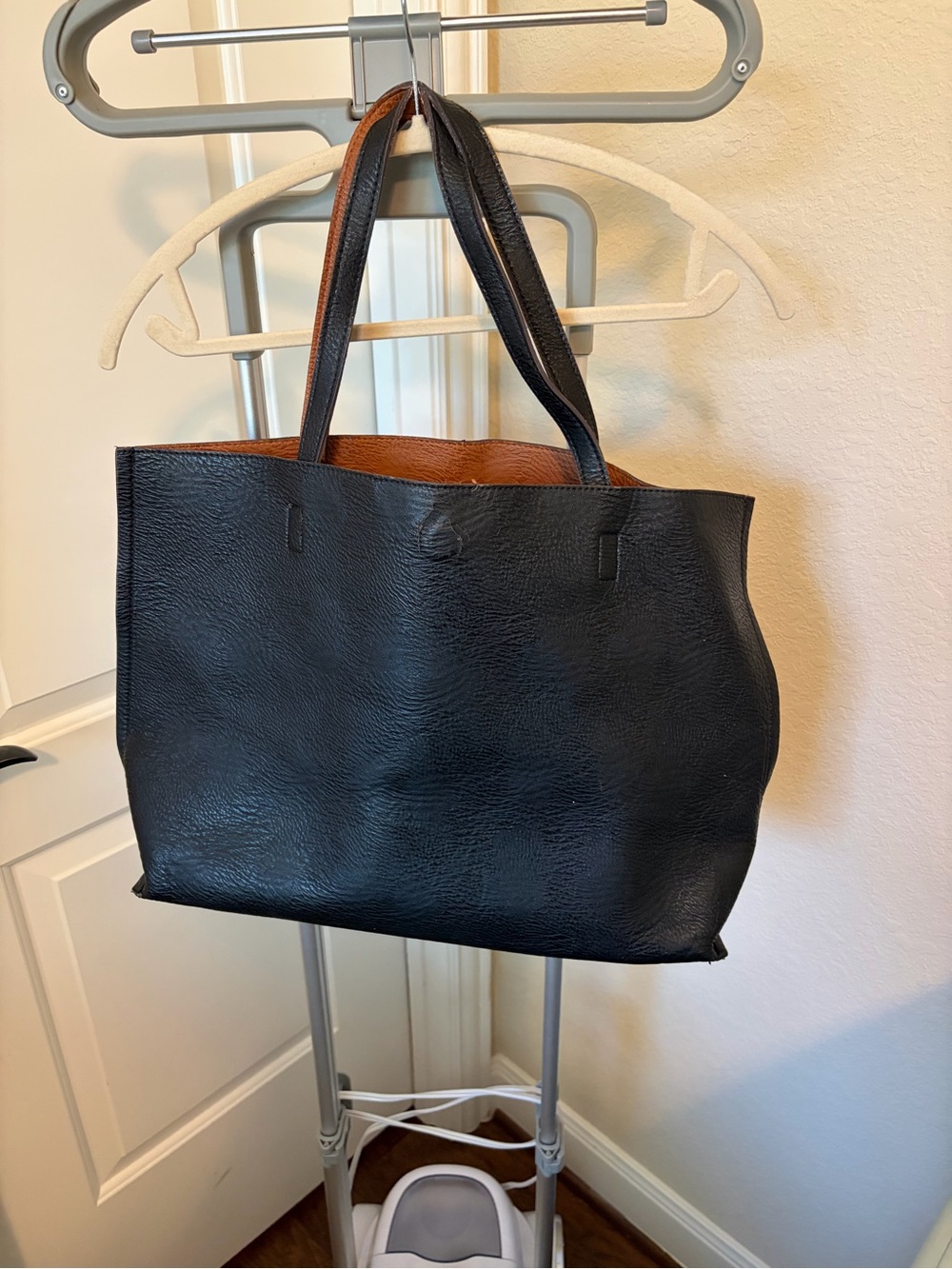 Classic Black Leather Tote Bag with Brown Interior